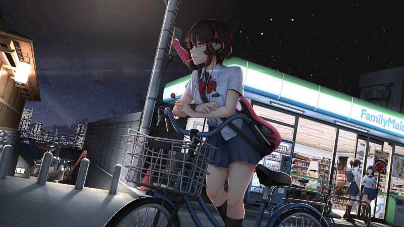 动漫女学生骑自行车户外 4k-奈落语