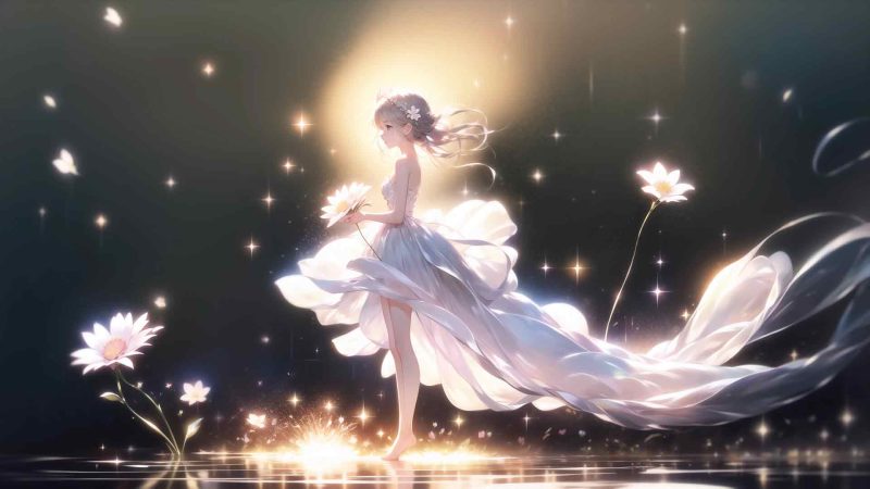 唯美少女 小女孩 白色长裙 花 星光 4K动漫壁纸-奈落语