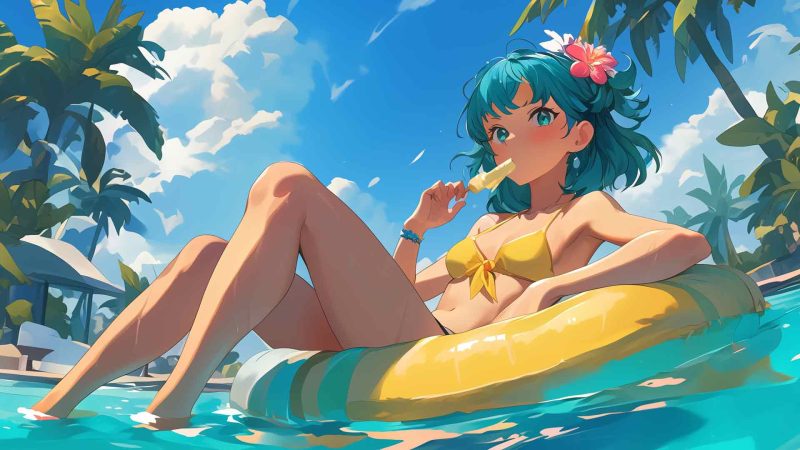 动漫女孩在游泳圈夏天桌面壁纸-奈落语