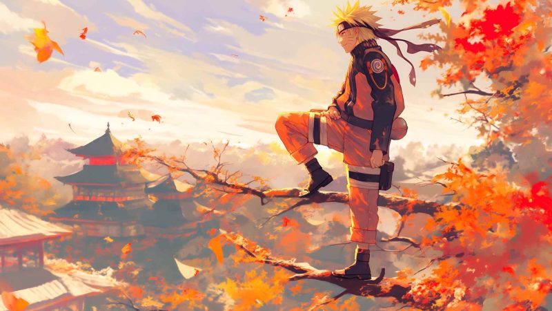 鸣人树枝上的风景秋季桌面壁纸-奈落语