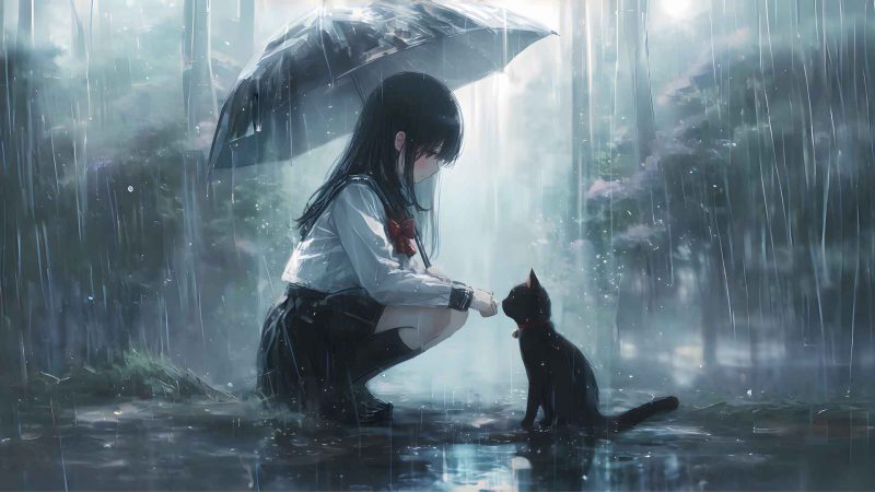 下雨天 小女孩 小黑猫 伞 4K动漫壁纸-奈落语