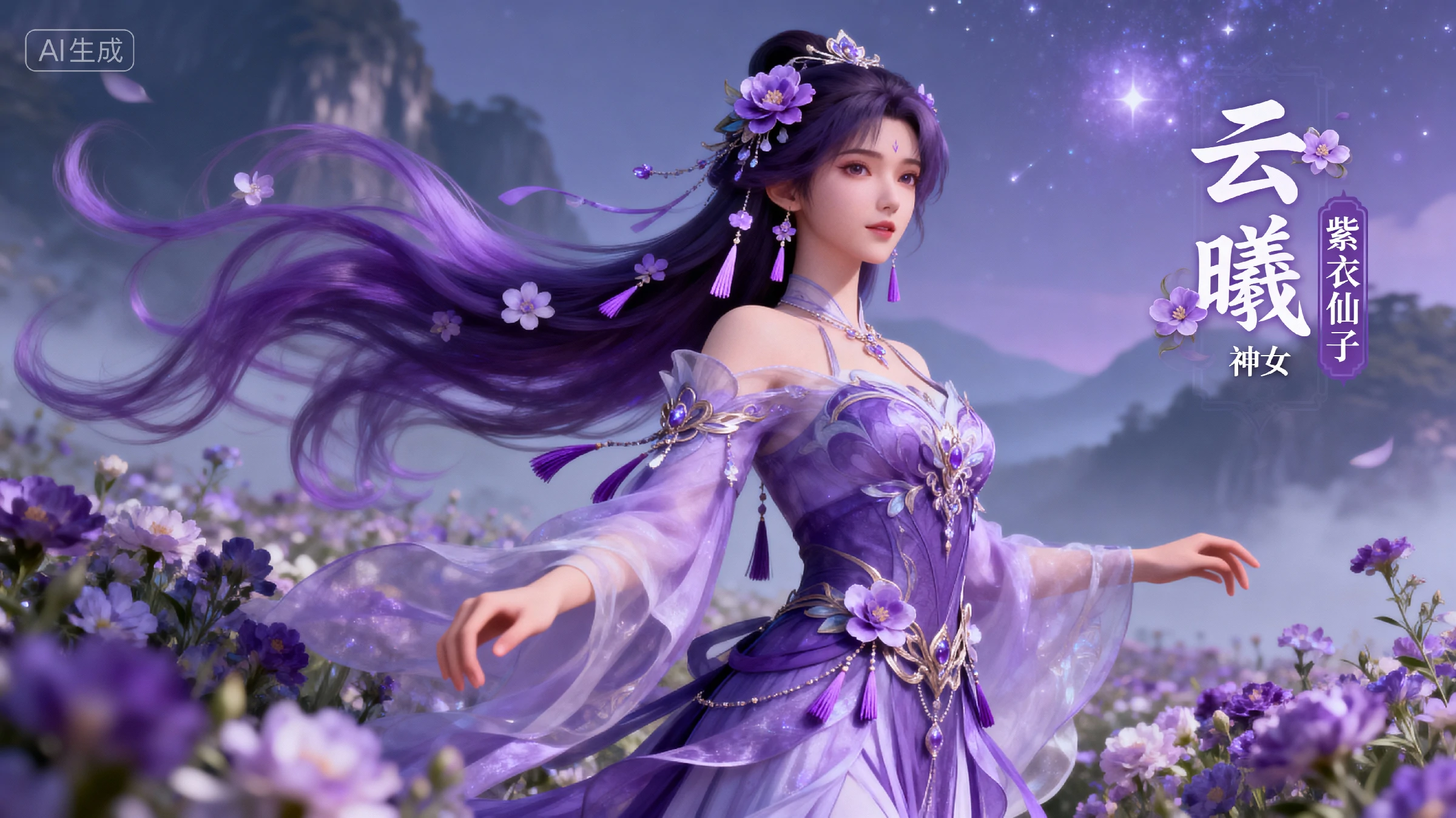紫韵仙姿：云曦花海间的梦幻国漫女神[原创系列]-奈落语