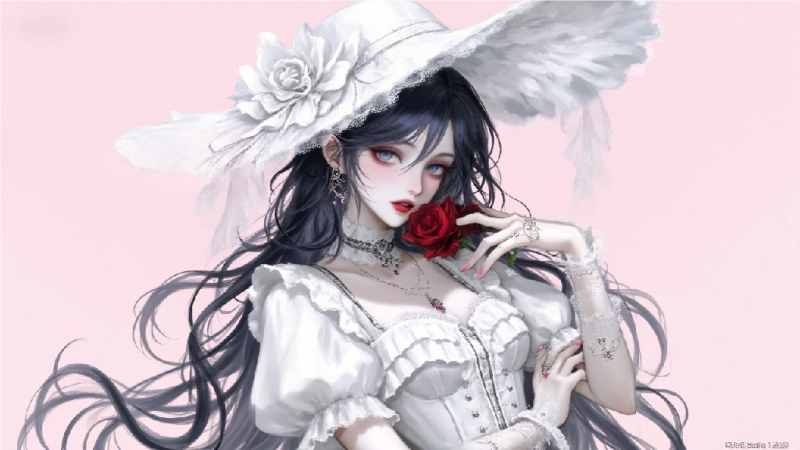 手持一朵鲜艳的红色玫瑰，胸前和头饰也有玫瑰点缀-[原创]-奈落语