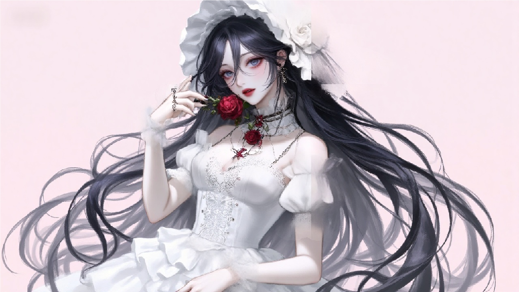 手持一朵鲜艳的红色玫瑰,胸前和头饰也有玫瑰点缀-奈落语 手持一朵鲜艳的红色玫瑰,胸前和头饰也有玫瑰点缀-奈落语