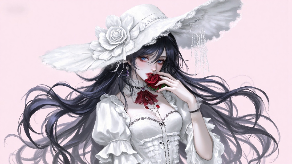 手持一朵鲜艳的红色玫瑰,胸前和头饰也有玫瑰点缀-奈落语 手持一朵鲜艳的红色玫瑰,胸前和头饰也有玫瑰点缀-奈落语