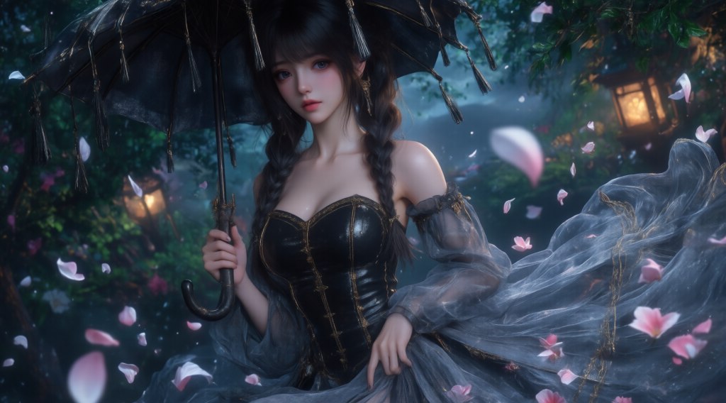雨夜花境：持伞少女的梦幻瞬间