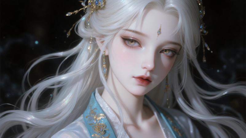 银发仙姿：古风数字艺术中的蓝金配饰仙侠女子-奈落语