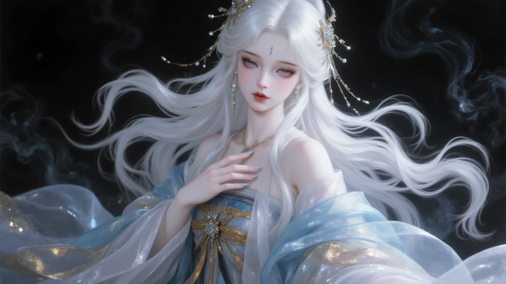 银发白裳，蓝金缀饰：仙侠风数字艺术中的空灵女神