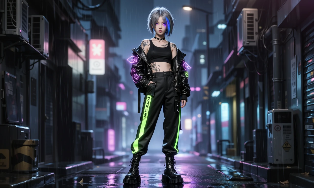 18 岁冷感少女，银灰色短发利落碎剪，额前有一缕挑染的电光蓝发丝-奈落语