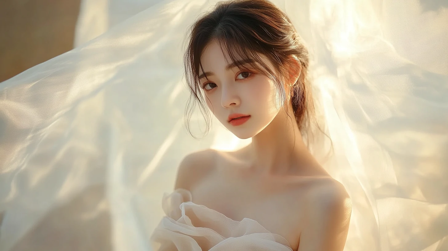 一位气质温婉的亚裔女性:深棕头发低挽,着米白色抹胸纱裙-奈落语 一位气质温婉的亚裔女性:深棕头发低挽,着米白色抹胸纱裙-奈落语