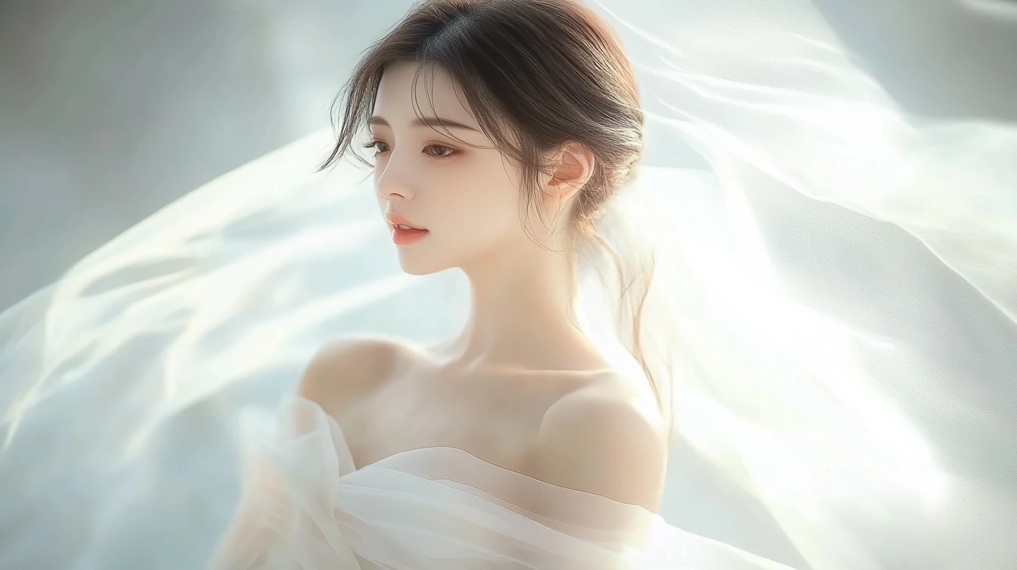 一位气质温婉的亚裔女性:深棕头发低挽,着米白色抹胸纱裙-奈落语 一位气质温婉的亚裔女性:深棕头发低挽,着米白色抹胸纱裙-奈落语