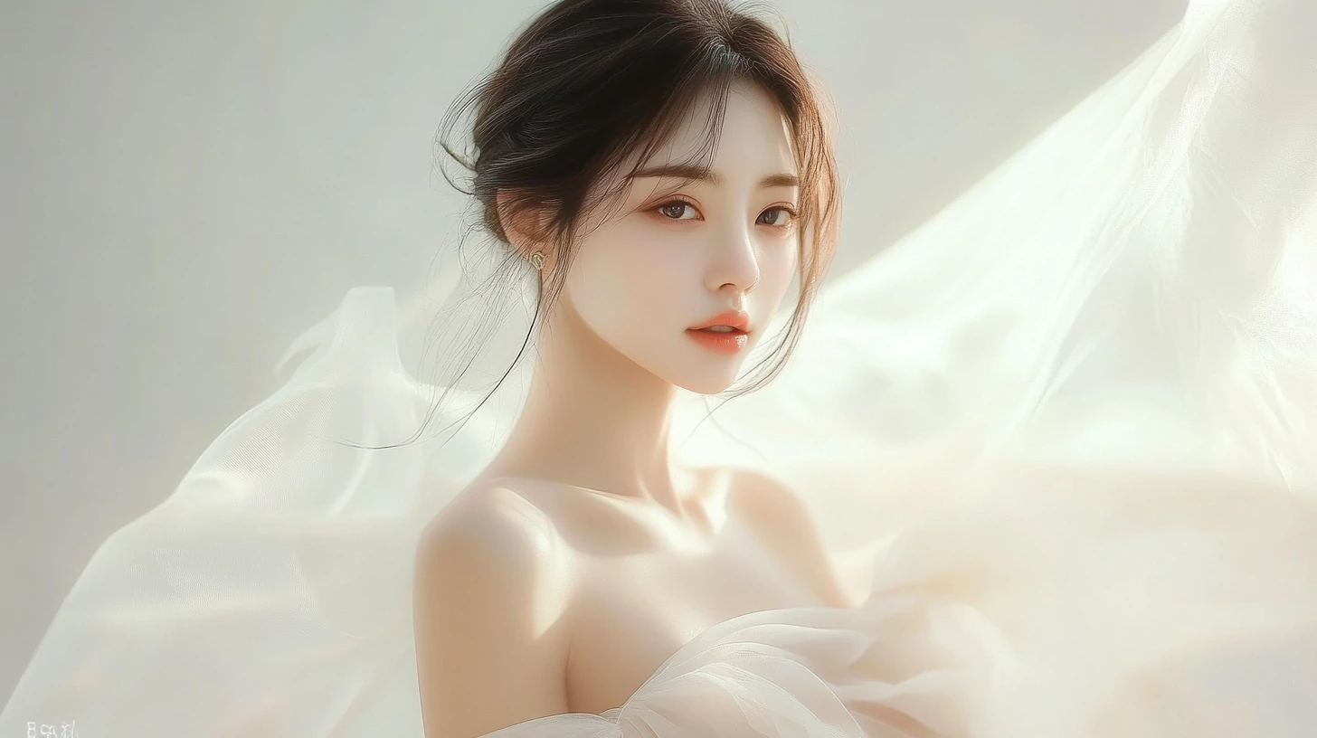 一位气质温婉的亚裔女性:深棕头发低挽,着米白色抹胸纱裙-奈落语 一位气质温婉的亚裔女性:深棕头发低挽,着米白色抹胸纱裙-奈落语