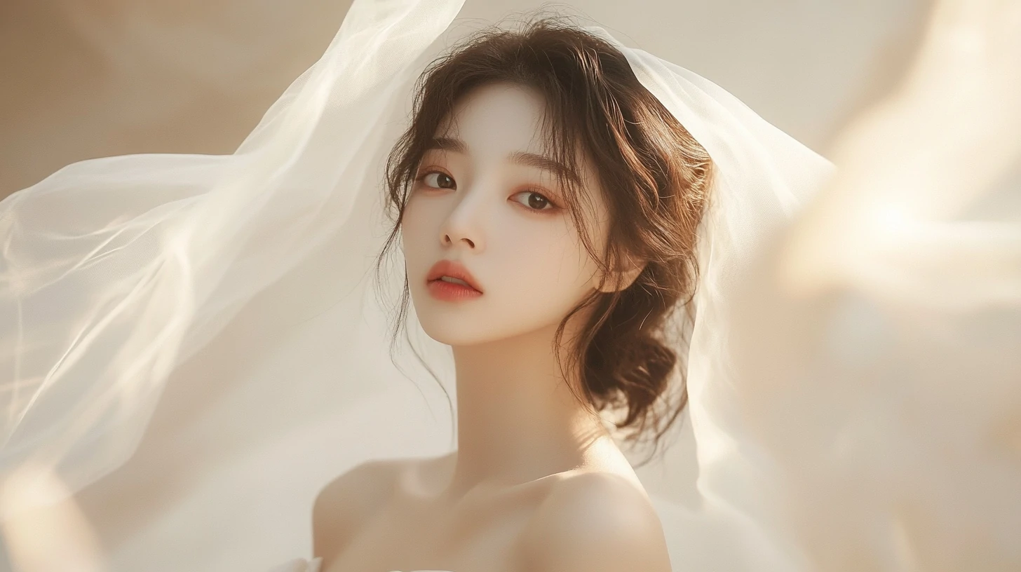 一位气质温婉的亚裔女性:深棕头发低挽,着米白色抹胸纱裙-奈落语 一位气质温婉的亚裔女性:深棕头发低挽,着米白色抹胸纱裙-奈落语