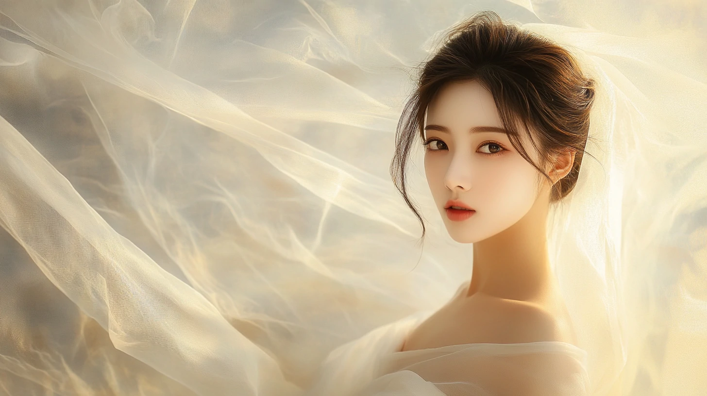 一位气质温婉的亚裔女性:深棕头发低挽,着米白色抹胸纱裙-奈落语 一位气质温婉的亚裔女性:深棕头发低挽,着米白色抹胸纱裙-奈落语