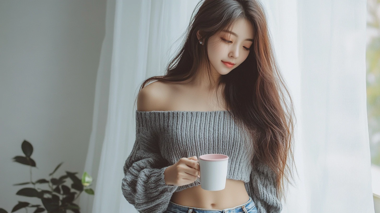 韩系甜酷写实风：长发亚裔女性穿灰调露腰挂带针织衫 + 破洞牛仔短裤-奈落语