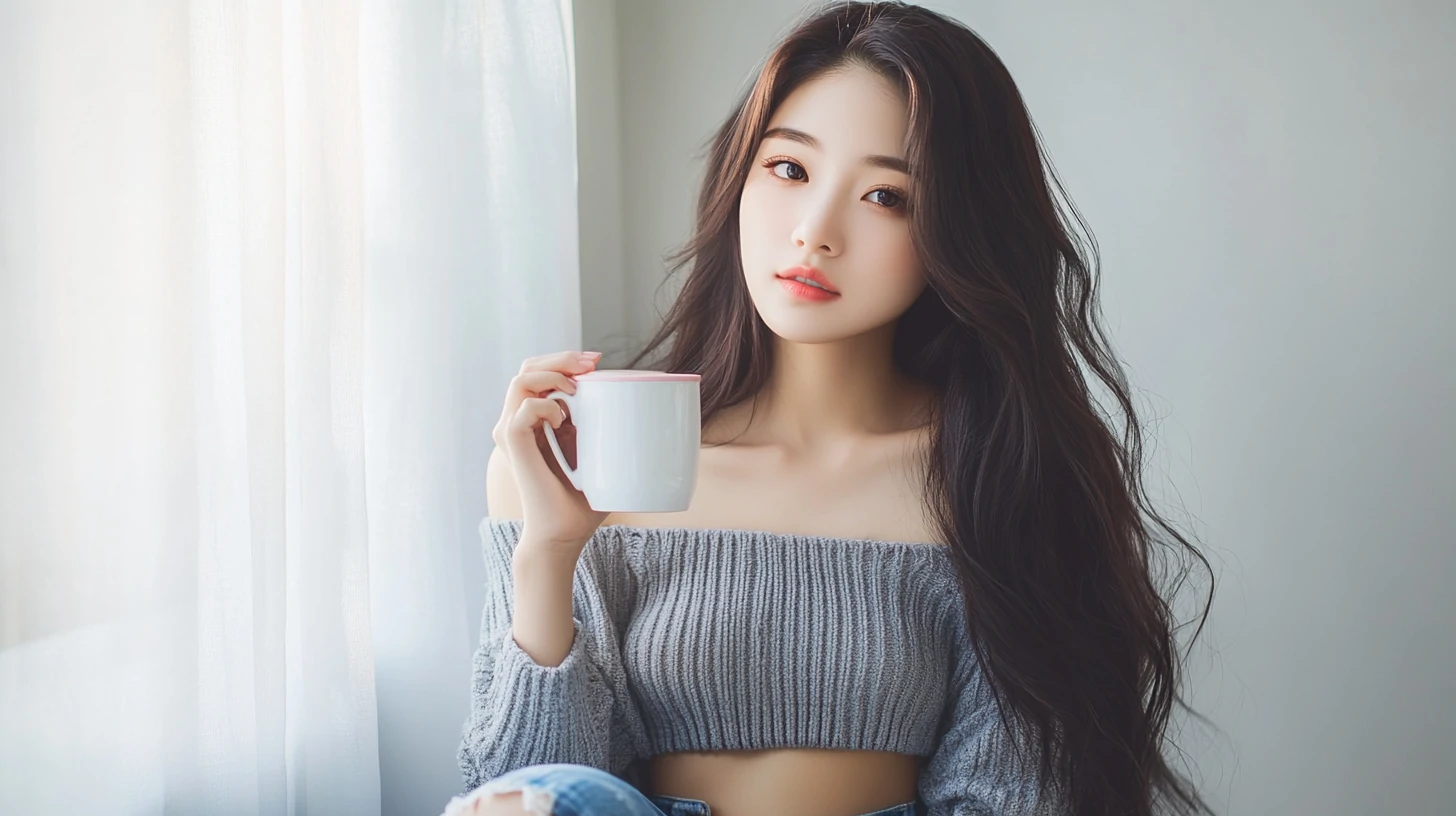 韩系甜酷写实风:长发亚裔女性穿灰调露腰挂带针织衫 + 破洞牛仔短裤-奈落语 韩系甜酷写实风:长发亚裔女性穿灰调露腰挂带针织衫 + 破洞牛仔短裤-奈落语