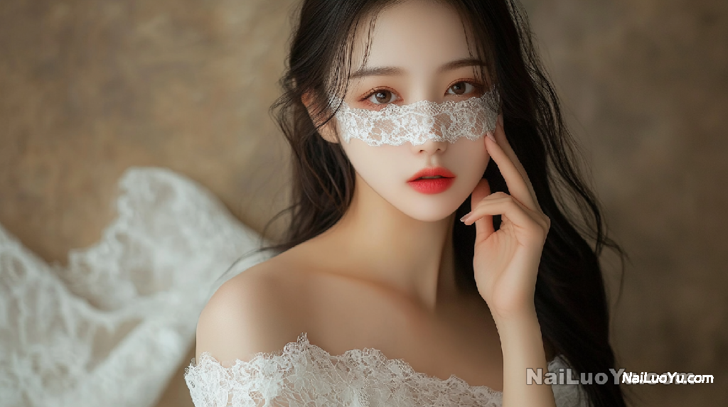 一位中国长发美女身着露肩白色长袖,佩戴精致蕾丝眼罩,指尖轻抵唇侧,姿态优雅。背景为柔和浅棕-奈落语 一位中国长发美女身着露肩白色长袖,佩戴精致蕾丝眼罩,指尖轻抵唇侧,姿态优雅。背景为柔和浅棕-奈落语