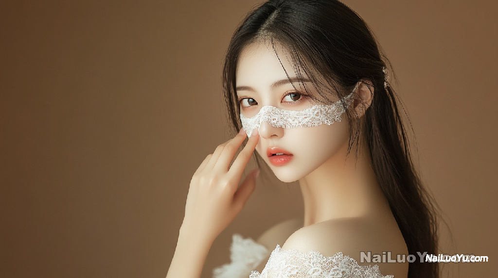一位中国长发美女身着露肩白色长袖,佩戴精致蕾丝眼罩,指尖轻抵唇侧,姿态优雅。背景为柔和浅棕-奈落语 一位中国长发美女身着露肩白色长袖,佩戴精致蕾丝眼罩,指尖轻抵唇侧,姿态优雅。背景为柔和浅棕-奈落语