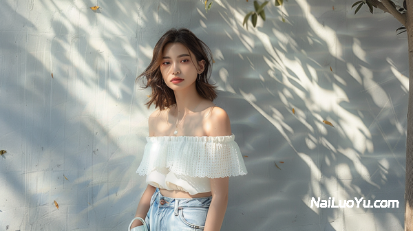 午后巷口的自然光下，东方面孔的年轻女性：白色露肩紧身针织衫-奈落语