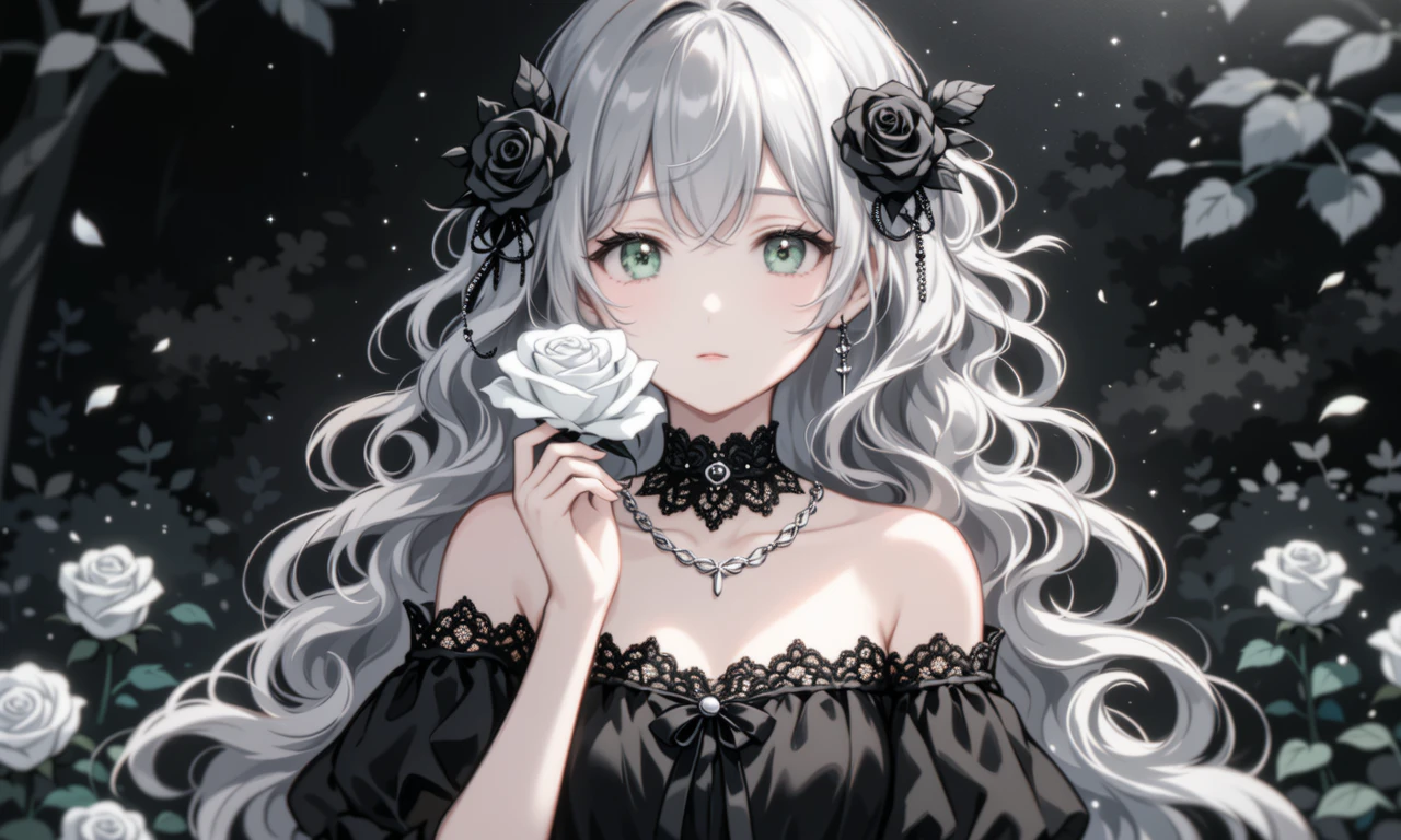 二次元哥特风少女，银白长卷发配黑色玫瑰藤蔓发饰-奈落语