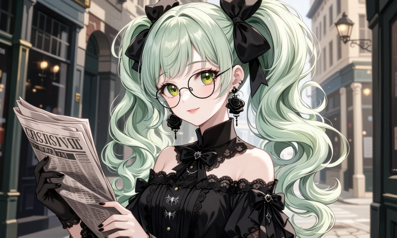 二次元哥特风少女，浅薄荷绿双马尾卷发，配黑色大蝴蝶结发饰-奈落语