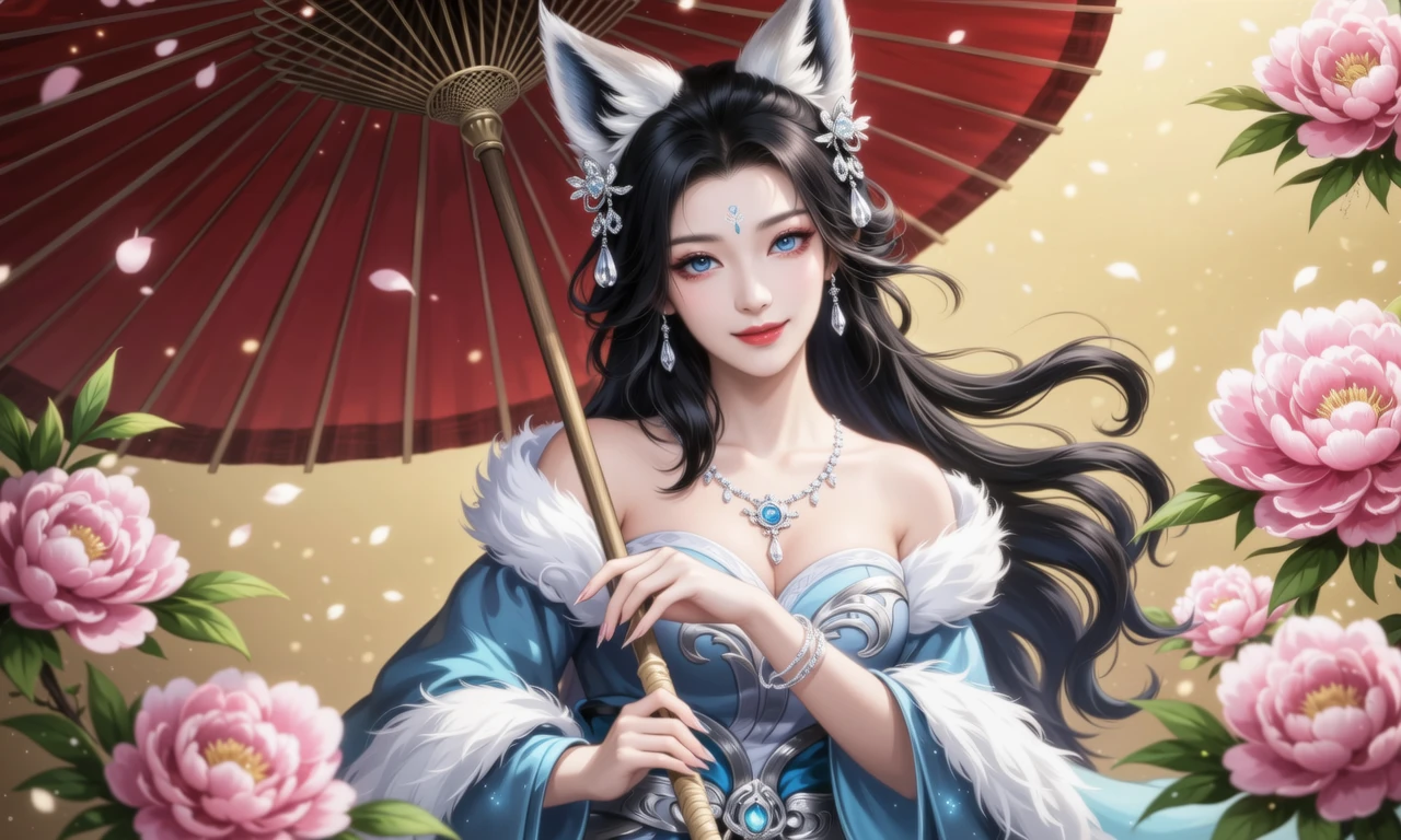 国风九尾狐妖少女,黑长卷发配白色狐耳,蓝瞳点缀眉间痣-奈落语 国风九尾狐妖少女,黑长卷发配白色狐耳,蓝瞳点缀眉间痣-奈落语