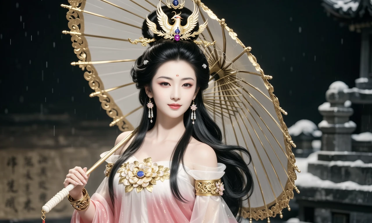 国风唯美插画风格的仙女神像：黑长卷发挽成华丽发髻，配金蓝宝石凤冠与流苏耳饰-奈落语