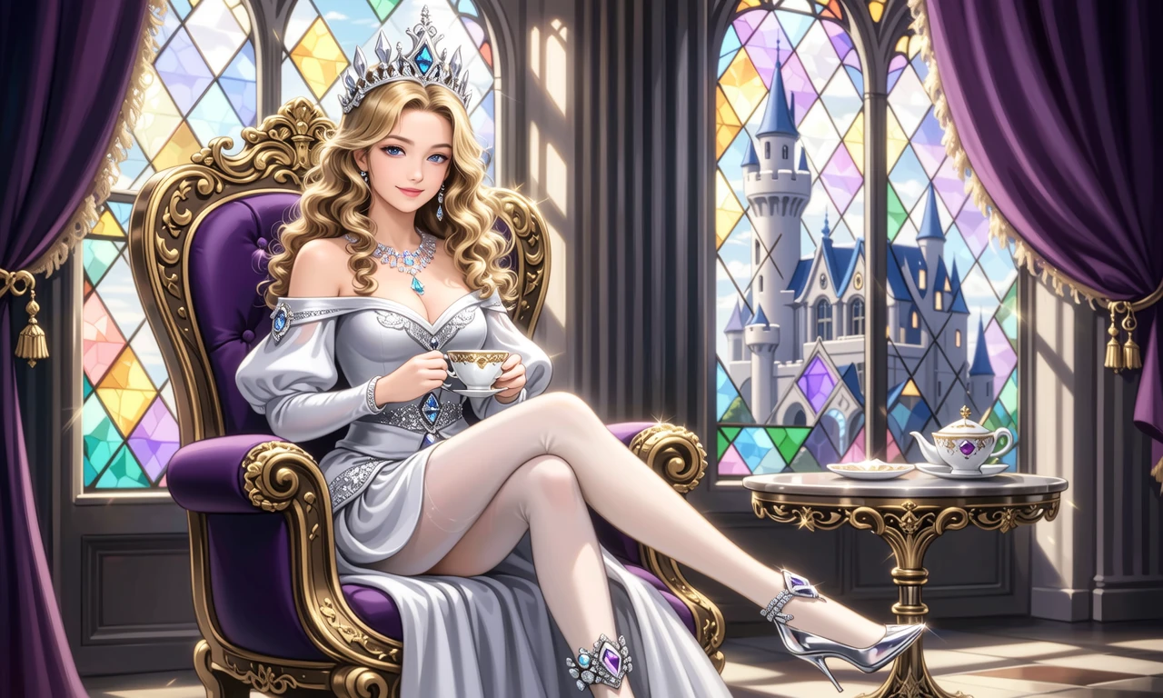 二次元写实混合风格的贵族少女：浅金卷发配水晶皇冠-奈落语