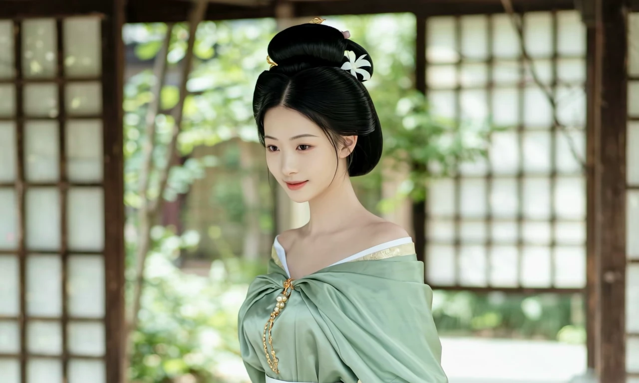 墨黑长发挽起,簪白色花饰,着薄荷绿露肩汉服,金饰点缀-奈落语 墨黑长发挽起,簪白色花饰,着薄荷绿露肩汉服,金饰点缀-奈落语