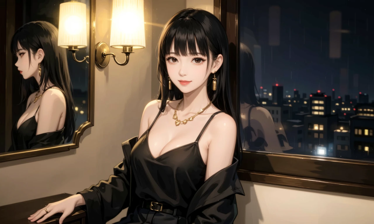 黑发齐刘海少女穿黑色吊带，肩搭黑衫，金饰点缀-奈落语