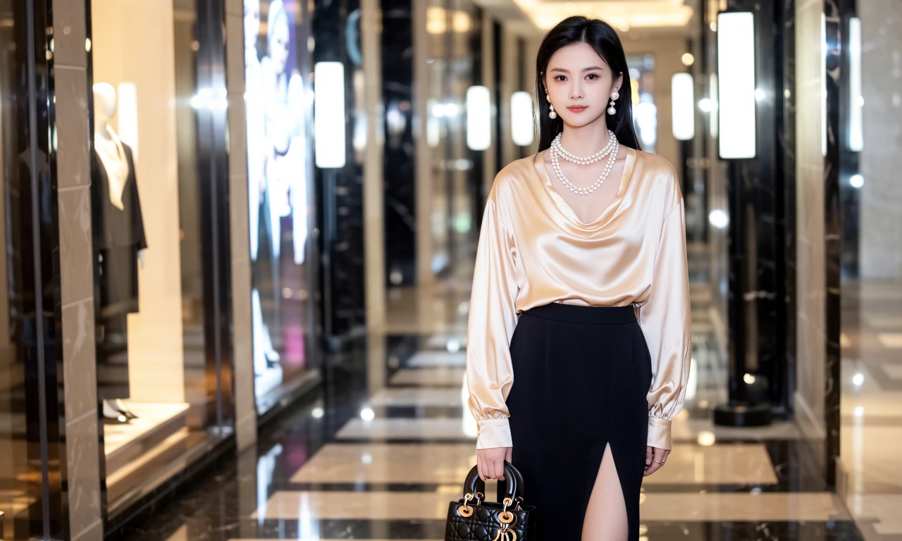 商场走廊场景，气质亚裔女性穿香槟色缎面衬衫 + 开叉黑裙，珍珠首饰与黑链包点缀-奈落语