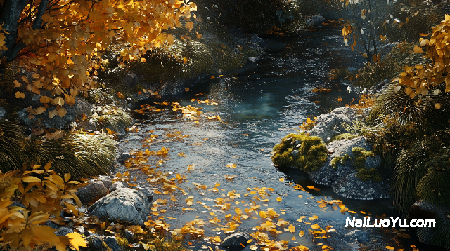 秋日山林溪谷，深绿松针与金黄槭叶交织成自然色块-奈落语
