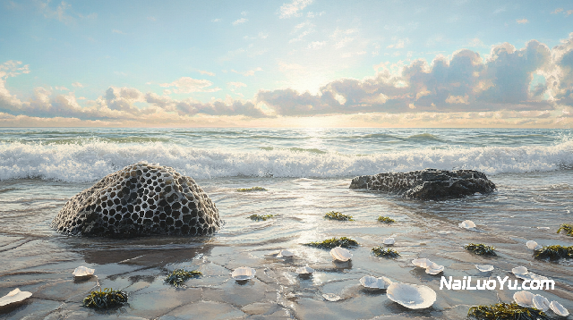 海岸礁石滩涂，青灰礁石布满蜂窝状凹痕与白色贝壳碎屑-奈落语