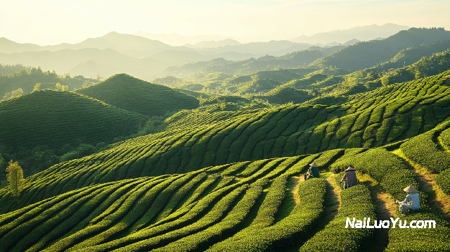 春日丘陵茶园，层层茶树呈嫩绿色整齐排布-奈落语