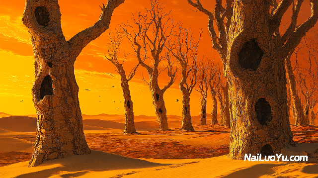 沙漠胡杨林落日，金黄胡杨枝干虬曲带深褐裂纹-奈落语