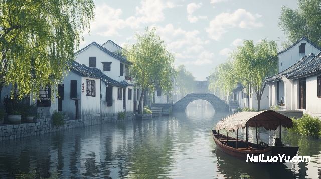 江南水乡春日,青灰瓦顶的白墙民居沿河道排布-奈落语 江南水乡春日,青灰瓦顶的白墙民居沿河道排布-奈落语