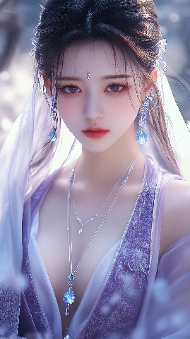 一位精致脸庞的女子身着淡紫色服饰,外披轻盈透明的纱衣-奈落语 一位精致脸庞的女子身着淡紫色服饰,外披轻盈透明的纱衣-奈落语