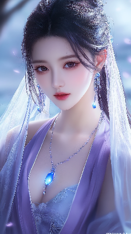一位精致脸庞的女子身着淡紫色服饰，外披轻盈透明的纱衣-奈落语