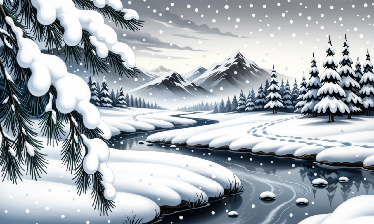 写意水墨风格的冬日雪景，远山如黛被白雪覆盖-奈落语