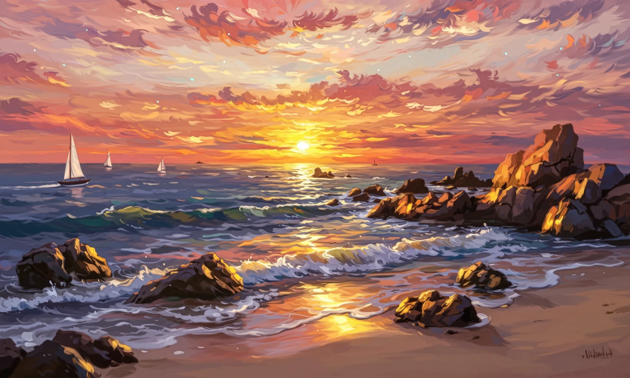 油画质感的海边日落盛景，橙红与鎏金交织的晚霞铺满天际-奈落语
