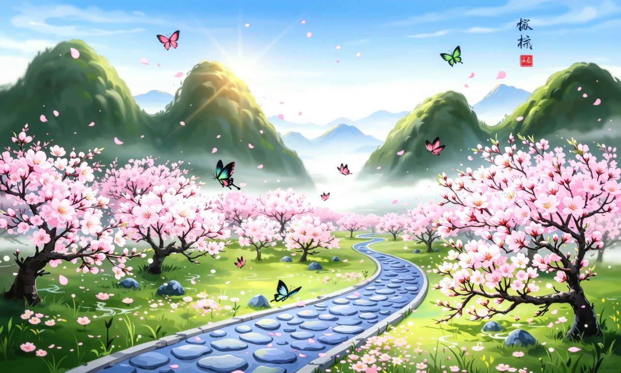 国风工笔画风格，春日山间的桃花源-奈落语