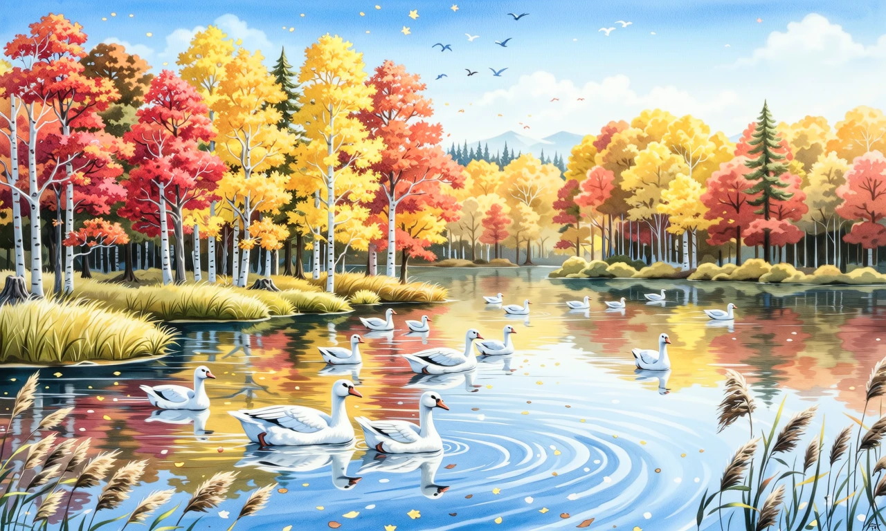 写实主义水彩画,秋日湖畔的黄金森林-奈落语 写实主义水彩画,秋日湖畔的黄金森林-奈落语