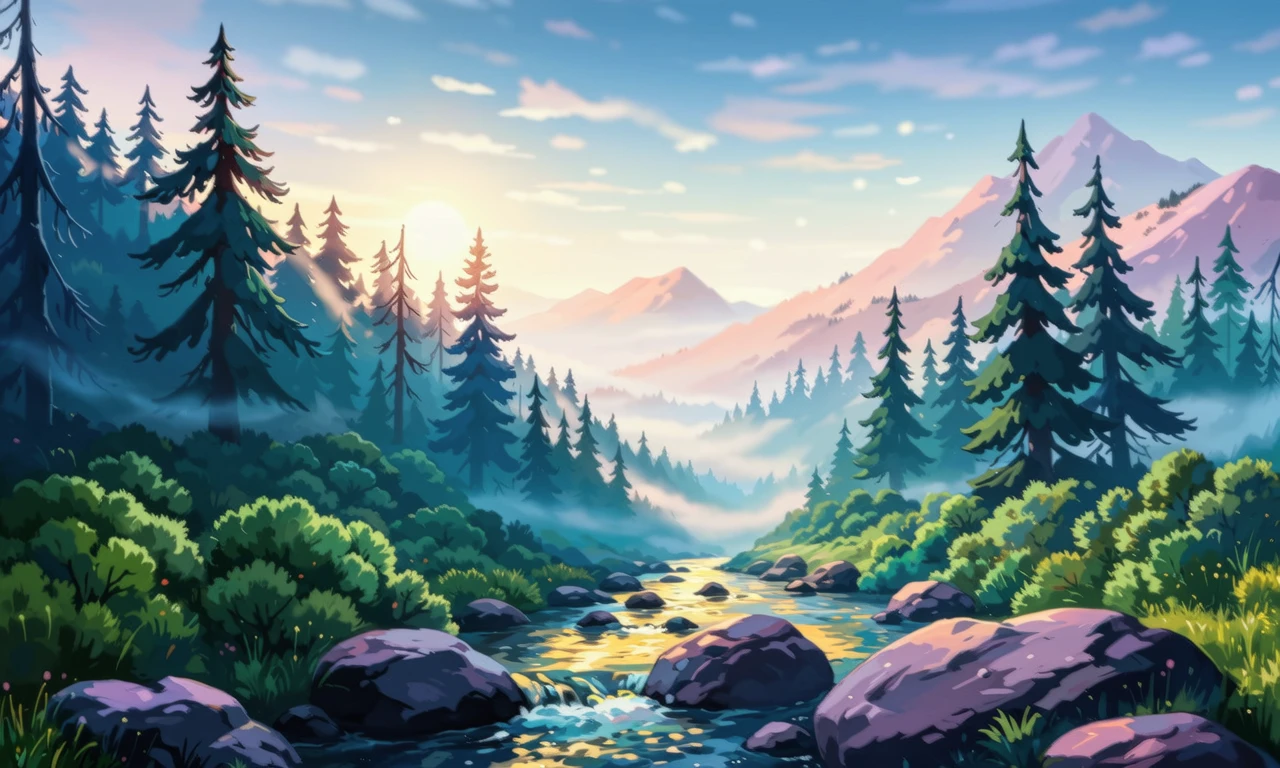 印象派风格描绘清晨山谷，薄雾缠绕青绿色松树林-奈落语