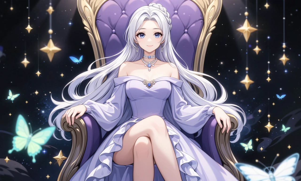 一位绝美的二次元少女，拥有及腰的银白色波浪长发和深邃迷人的蓝色眼眸-奈落语