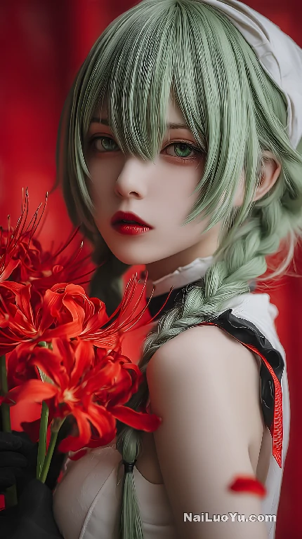 一位绿发女子,双辫垂落,额间覆着白色绷带-奈落语 一位绿发女子,双辫垂落,额间覆着白色绷带-奈落语