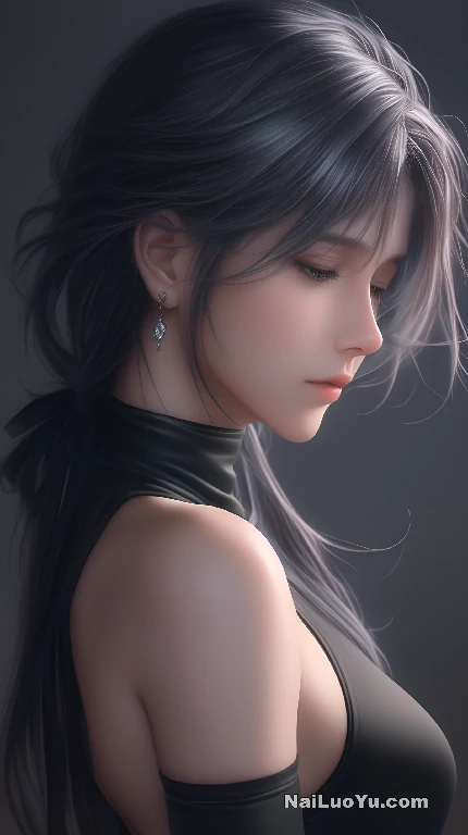 一位黑发女子侧立,发丝柔顺垂落,发尾系着深色丝带-奈落语 一位黑发女子侧立,发丝柔顺垂落,发尾系着深色丝带-奈落语