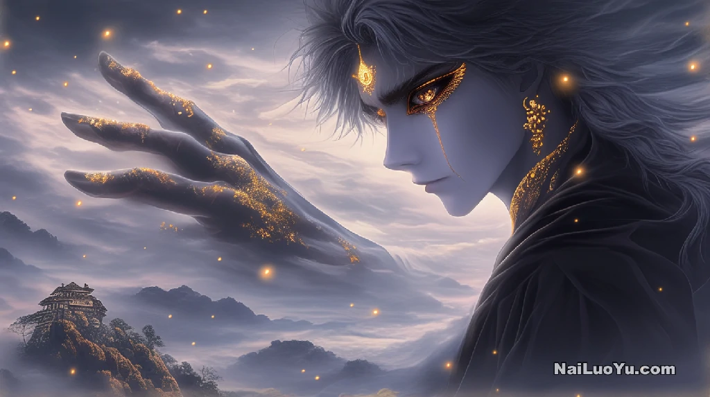 一位神秘古风男子立于悬崖之巅，身披流云长袍-奈落语