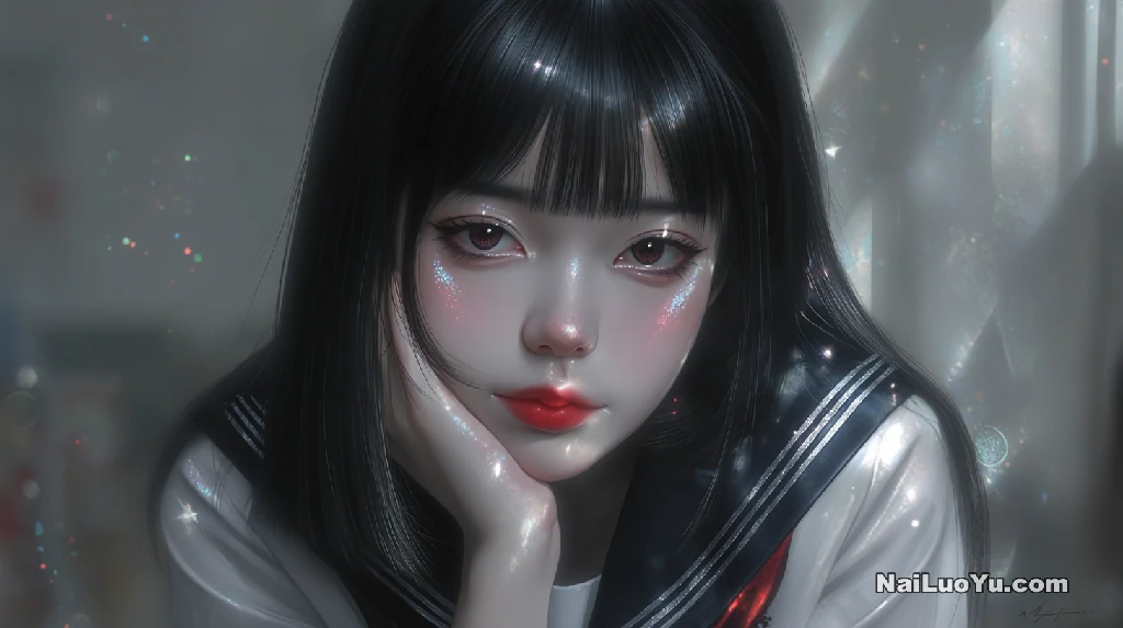 留着乌黑齐肩短发的少女，长发柔顺垂落肩头-奈落语