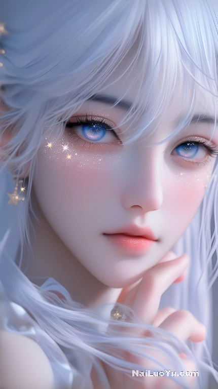 银白发丝轻拂，星芒点缀发间，澄澈蓝瞳中倒映星河-奈落语