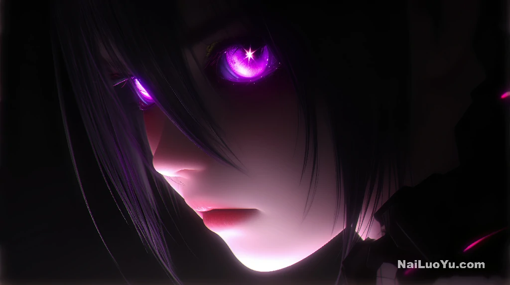 黑色短发在暗影中泛着冷光，紫眸如霓虹般璀璨发光-奈落语